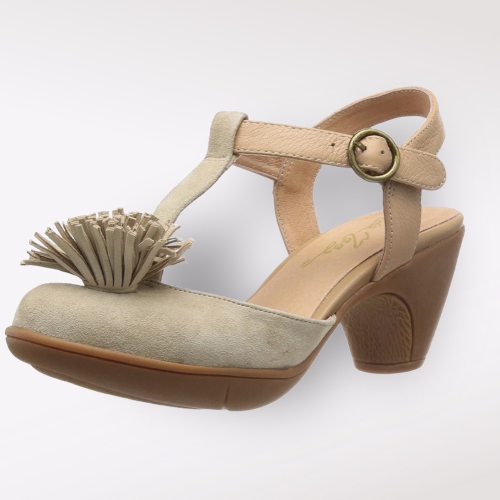 Miz Mooz Neutral Suede T-Strap Heels with Fringe Pom
